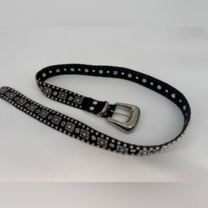 Leather Black Silver Studded Rhinestone Western Rocker Style Belt Medium Gently